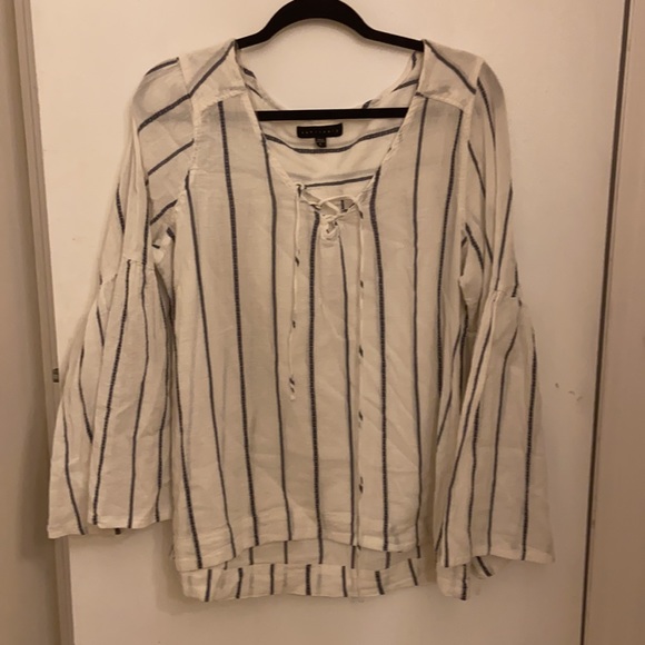 Sanctuary from Bloomingdale’s White and Blue Striped Loose Shirt Top with Laces - Picture 2 of 4